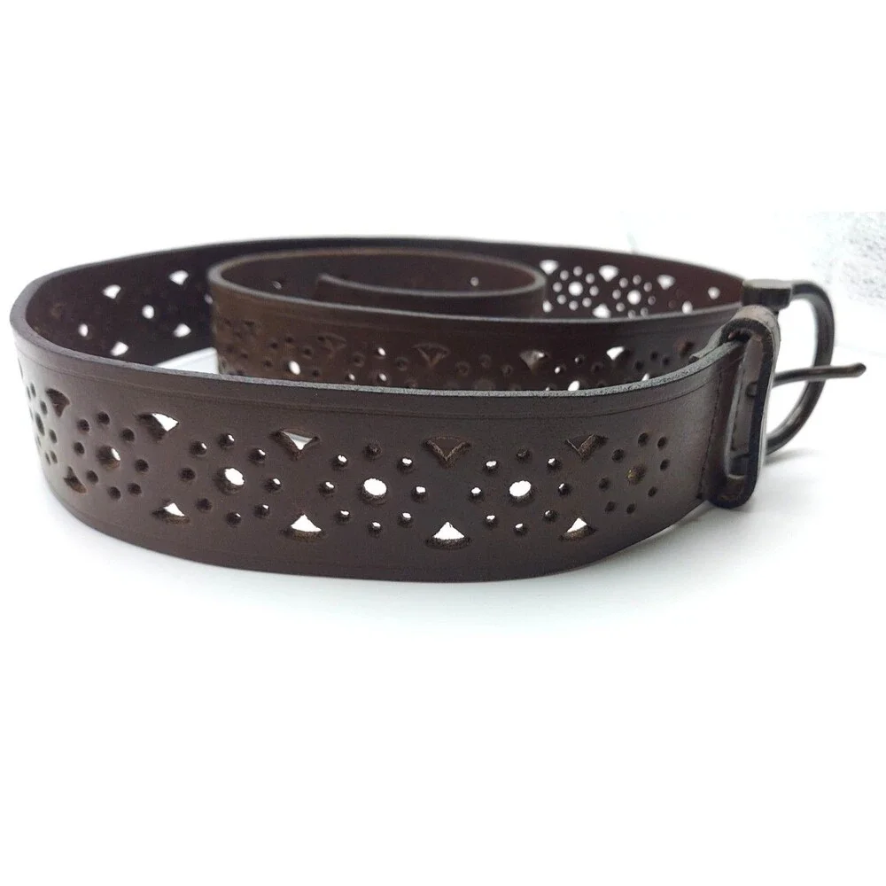 Vintage Leather Belt, Made in USA, Brown Cutout, Western Boho Belt, Womens Med